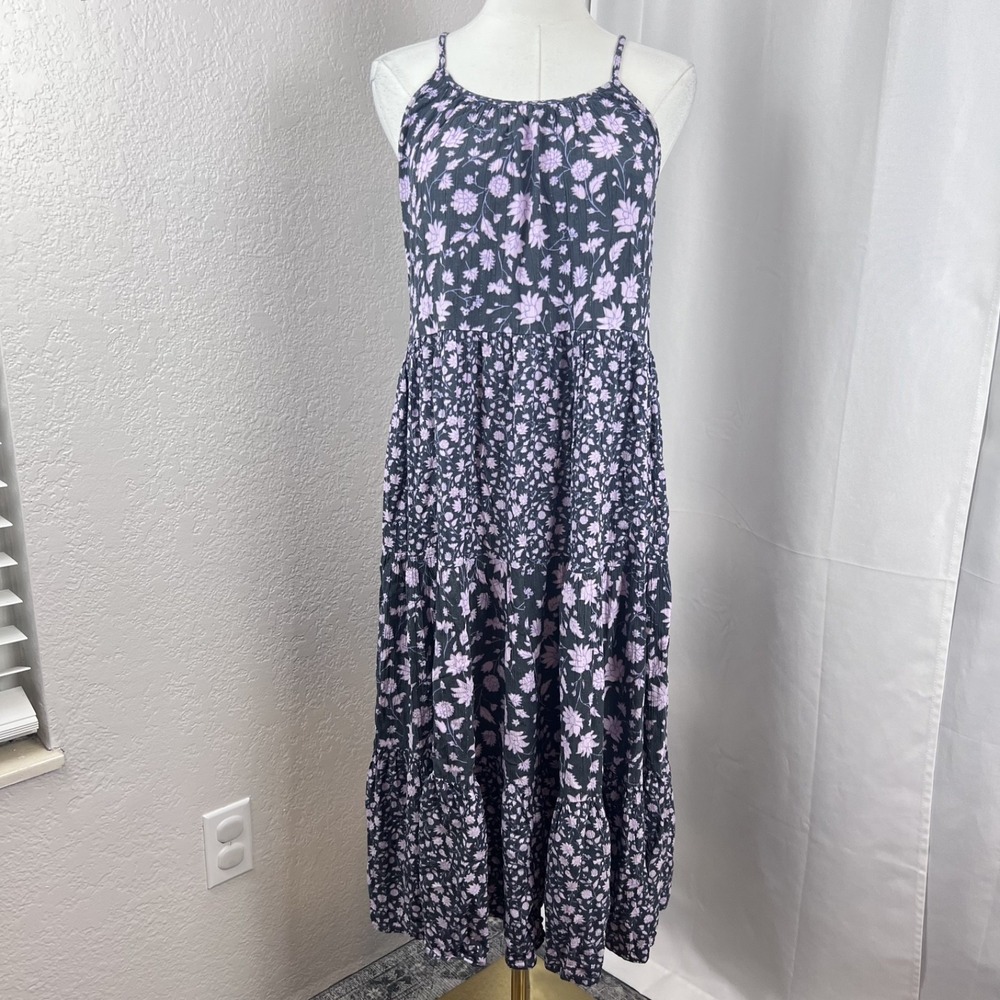 Floral Tiered Midi Dress Womens XS Gray Purple Metallic Boho Flowy Festival